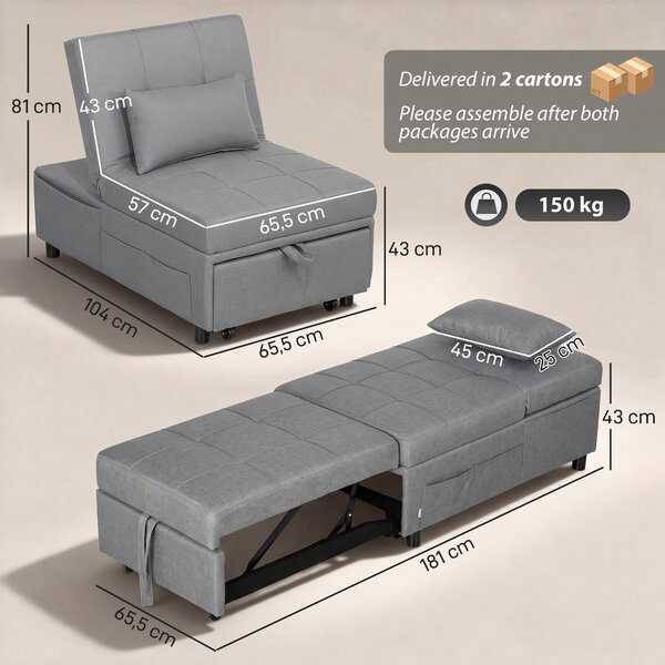 HOMCOM Poltrona letto pieghevole 3-in-1 con schienale regolabile, cuscino, tasca e ruote, grigio chiaro | Aosom Italy