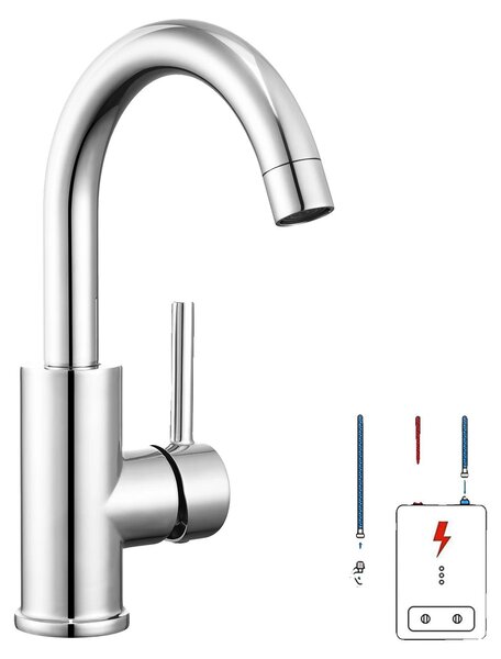 Rubinetto per lavabo, design per bassa pressione, bocchetta girevole a 360°, cromato, acciaio inossidabile, attacco G3/8