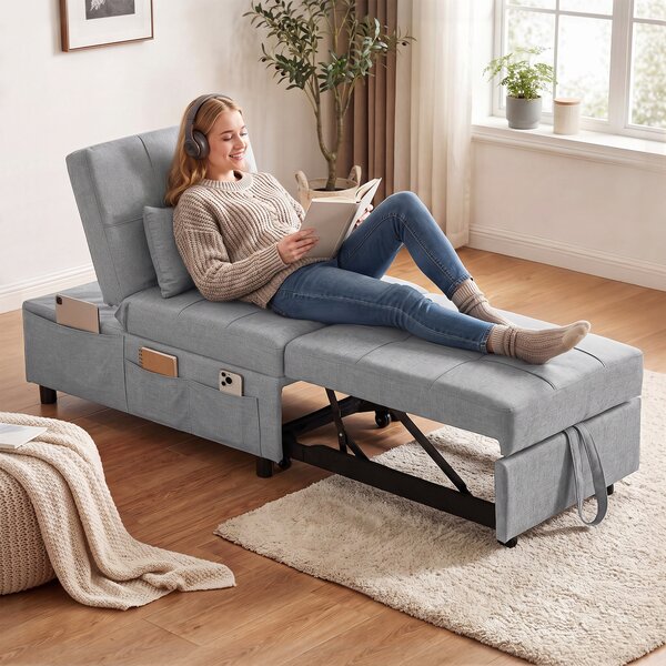 HOMCOM Poltrona letto pieghevole 3-in-1 con schienale regolabile, cuscino, tasca e ruote, grigio chiaro | Aosom Italy