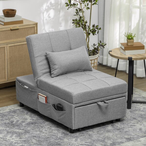 HOMCOM Poltrona letto pieghevole 3-in-1 con schienale regolabile, cuscino, tasca e ruote, grigio chiaro | Aosom Italy