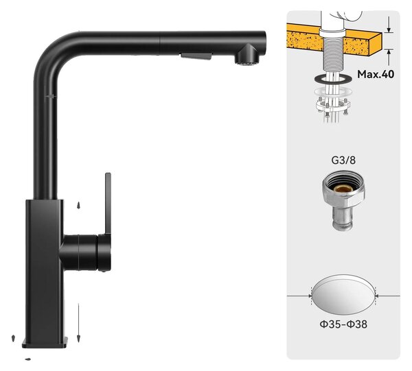 Rubinetto da cucina, con doccetta estraibile, realizzato in acciaio inossidabile resistente, finitura nera opaca, attacco G3/8
