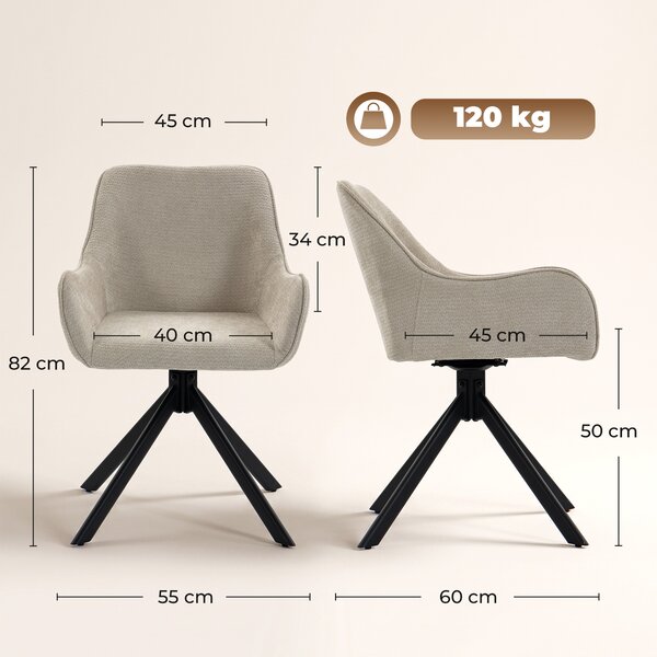 HOMCOM Set 2 sedie da pranzo girevoli con braccioli e struttura in metallo, beige | Aosom Italy