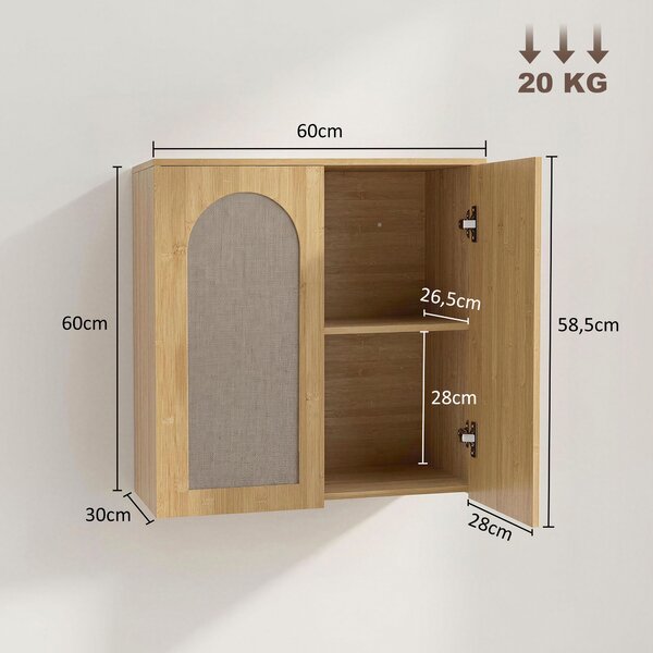 HOMCOM Armadio da parete per bagno con 2 ante effetto rattan soft-close e mensola, rovere | Aosom Italy
