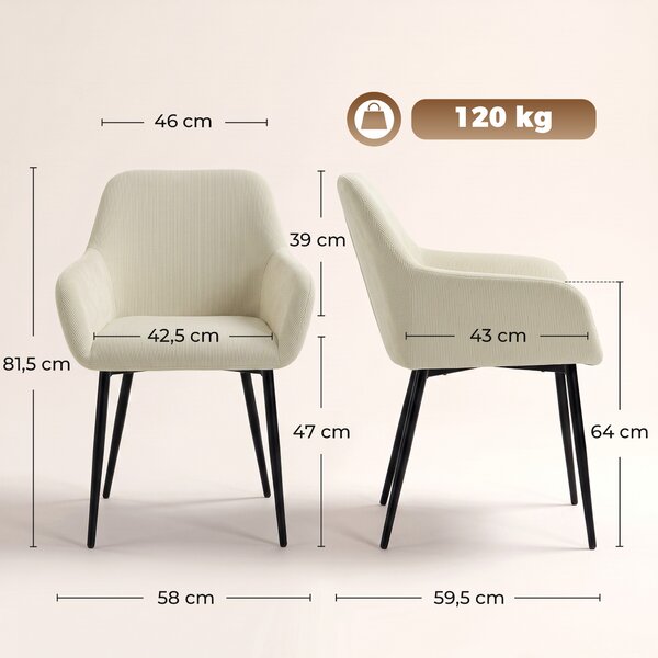 HOMCOM Set 2 sedie da pranzo in velluto a coste con braccioli e schienale, crema | Aosom Italy