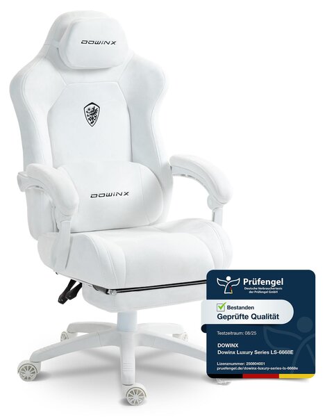 Sedia da gaming ergonomica con supporto lombare, rivestita in velluto, imbottitura spessa, poggiapiedi, braccioli regolabili e inclinazione fino a 160°. Colore: bianco