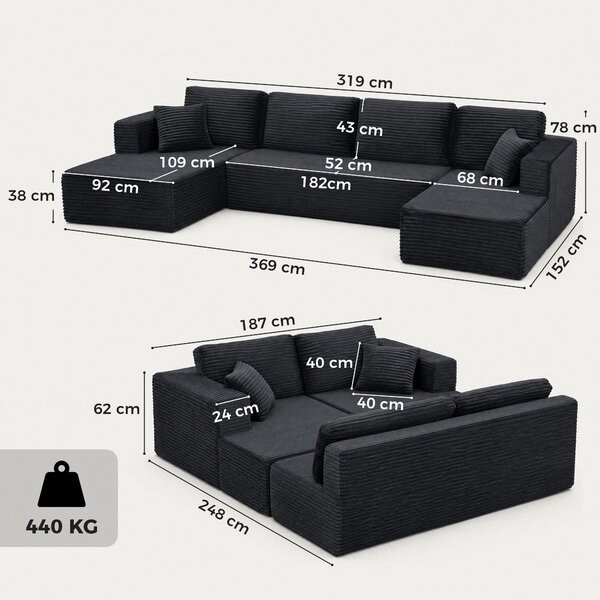 HOMCOM Divano modulare a U con 2 chaise longue, effetto cord e imbottitura a molle, grigio scuro | Aosom Italy