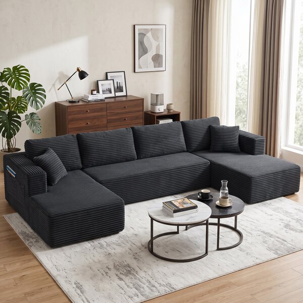 HOMCOM Divano modulare a U con 2 chaise longue, effetto cord e imbottitura a molle, grigio scuro | Aosom Italy
