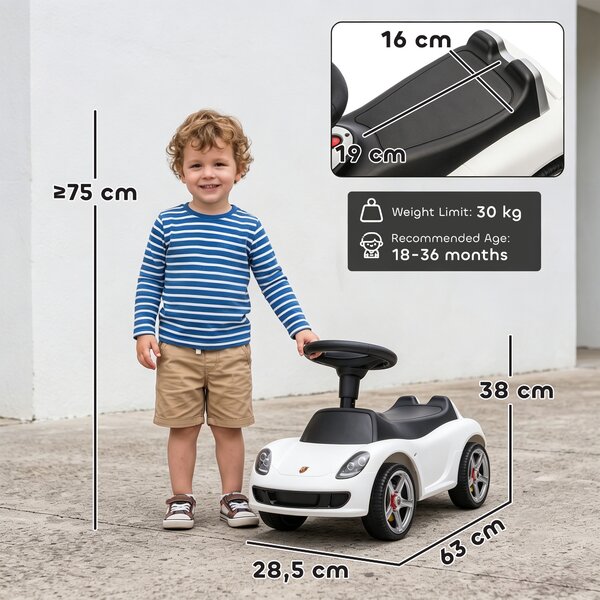AIYAPLAY Auto cavalcabile a spinta per bambini 18-36 mesi con clacson, fari e suoni, bianco | Aosom Italy