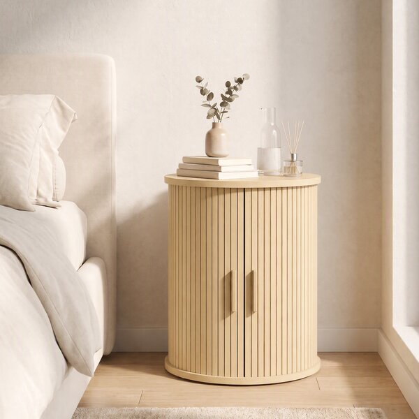 HOMCOM Comodino rotondo rigato con anta scorrevole, 40x40x50 cm, rovere | Aosom Italy