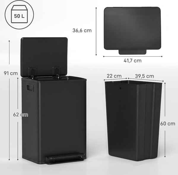 HOMCOM Pattumiera da cucina 50 L a pedale con secchio removibile e chiusura soft-close, nero | Aosom Italy