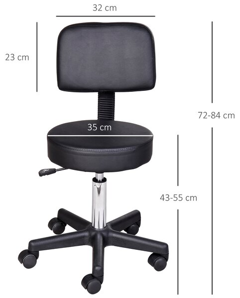 HOMCOM Sgabello con Ruote, Schienale, Altezza Regolabile, per Parrucchieri, Salone Estetico, Casa, in Ecopelle, Nero | Aosom