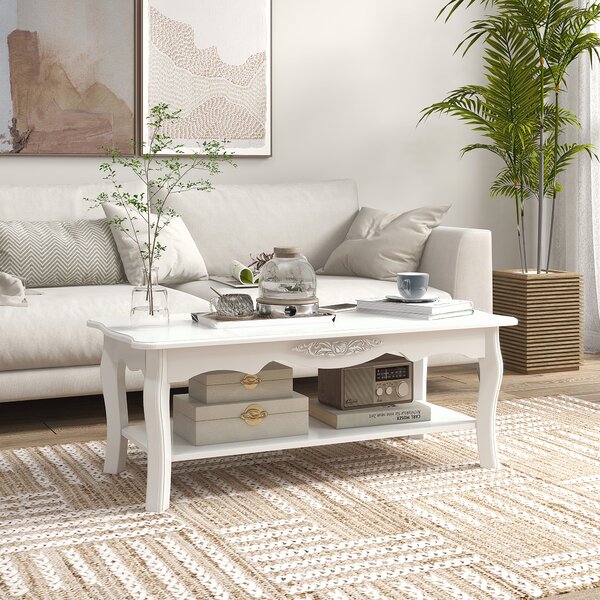 HomCom Tavolino da Caffè Basso classico ed elegante in Legno, Tavolo Salotto, Bianco, 94x44x42cm