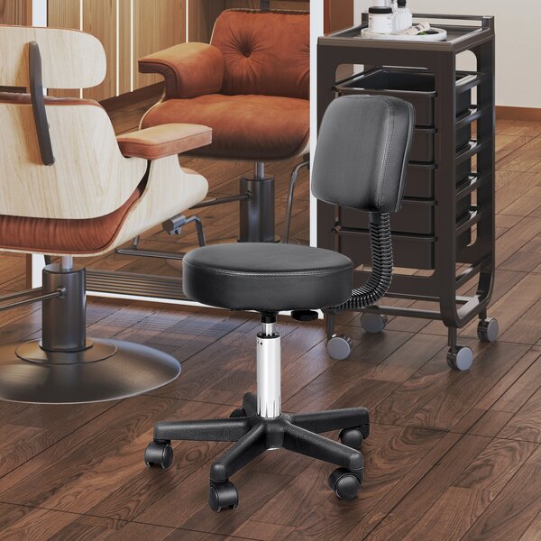 HOMCOM Sgabello con Ruote, Schienale, Altezza Regolabile, per Parrucchieri, Salone Estetico, Casa, in Ecopelle, Nero | Aosom