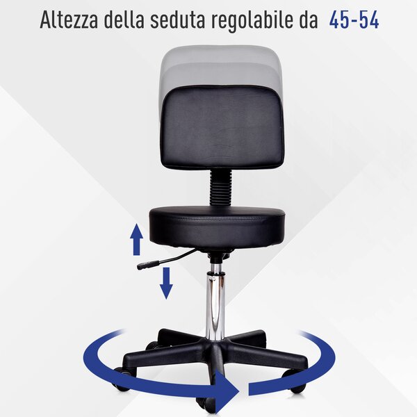 HOMCOM Sgabello con Ruote, Schienale, Altezza Regolabile, per Parrucchieri, Salone Estetico, Casa, in Ecopelle, Nero | Aosom