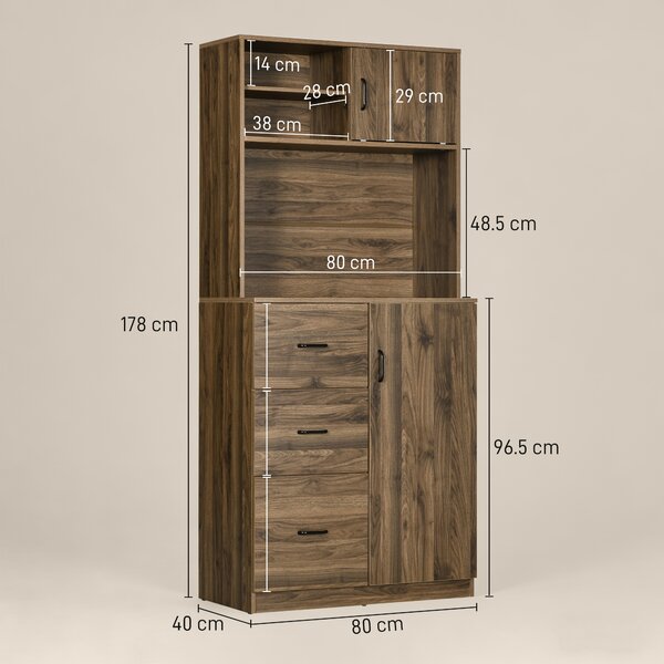 HOMCOM Armadietti Cucina con 3 Cassetti e Credenza Moderna, Mobile Dispensa per Cucina e Soggiorno in Legno, 80x40x178cm, Noce|Aosom