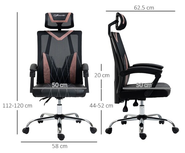 Vinsetto Sedia da Ufficio Ergonomica e Regolabili con Lombare e Cervicale, Altezza e Inclinazione Regolabili, 58x62.5x112-120cm, Rosa | Aosom Italy