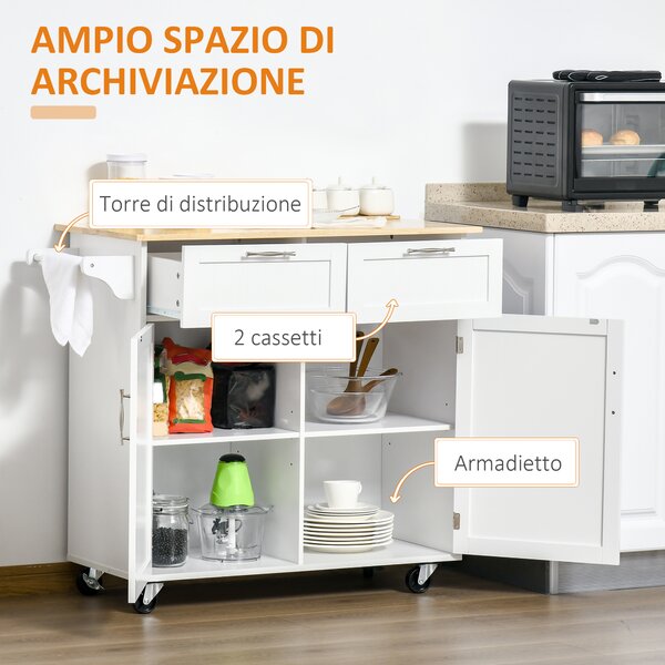 HOMCOM Carrello da Cucina Multiuso in Legno con 2 Cassetti, Armadietto e 4 Ruote, 104x46x91cm, Bianco|Aosom