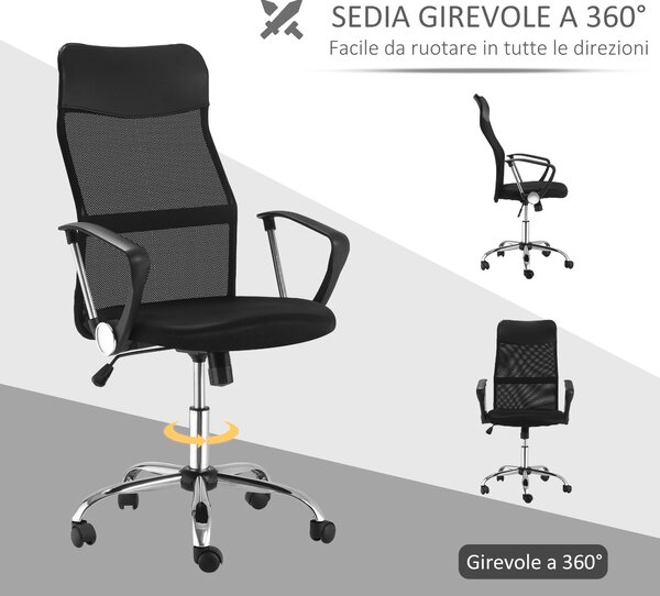HOMCOM Sedia Scrivania Girevole Poltrona Ergonomica con Ruote, Sedia Ufficio Altezza Regolabile e Schienale a Rete, 63x61x109-119cm Nero|Aosom.it