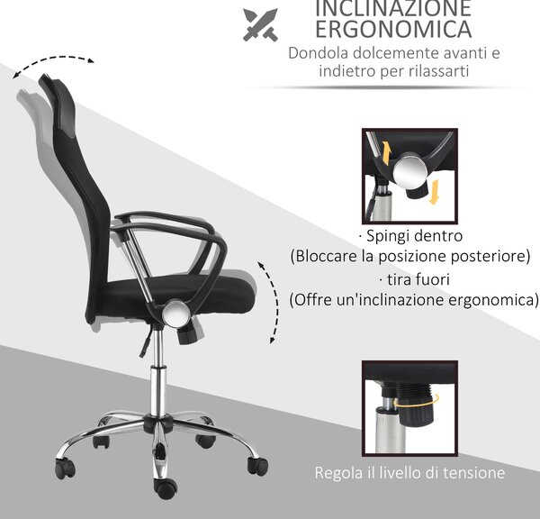 HOMCOM Sedia Scrivania Girevole Poltrona Ergonomica con Ruote, Sedia Ufficio Altezza Regolabile e Schienale a Rete, 63x61x109-119cm Nero|Aosom.it