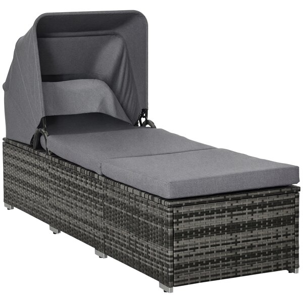 Outsunny Lettino Prendisole in Rattan PE, Chaise Longue con Schienale Reclinabile a 4 Livelli, Tettuccio e Materassino, Grigio|Aosom