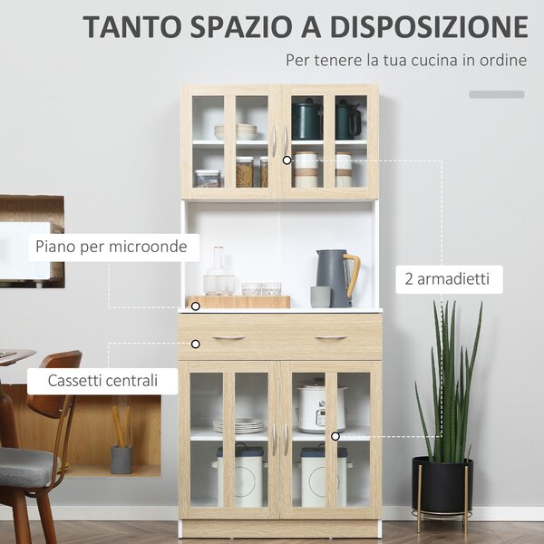 HOMCOM Credenza Cucina Armadio da 180cm con Ante in Vetro, Credenza Alta con Struttura in Legno, Cassetti e Armadietti, Bianco|Aosom