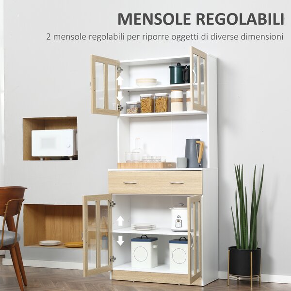 HOMCOM Credenza Cucina Armadio da 180cm con Ante in Vetro, Credenza Alta con Struttura in Legno, Cassetti e Armadietti, Bianco|Aosom
