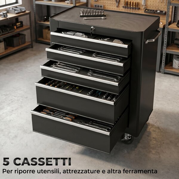 HomCom Carrello Cassettiera Porta Utensili per officina, Carrello da Officina Cassettiera con Ruote, nero, 61.5x33x85cm|Aosom