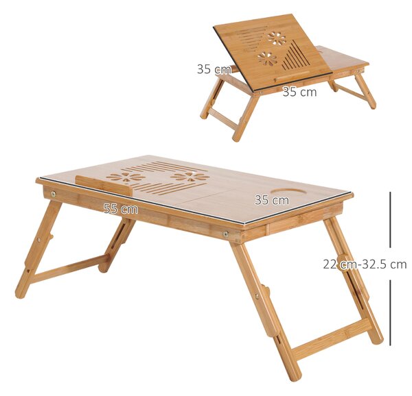 Homcom Tavolino da Letto per PC Portatile con Sistema di Raffreddamento in Bambù, 55x35x22-30cm|Aosom