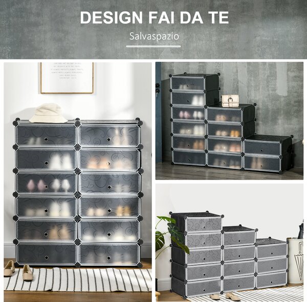 HOMCOM Mobile Scarpiera Modulare Salvaspazio, 12 Cubi 45x35x16cm in Plastica PP e Acciaio, 94x37x108cm, Nero e Bianco|Aosom