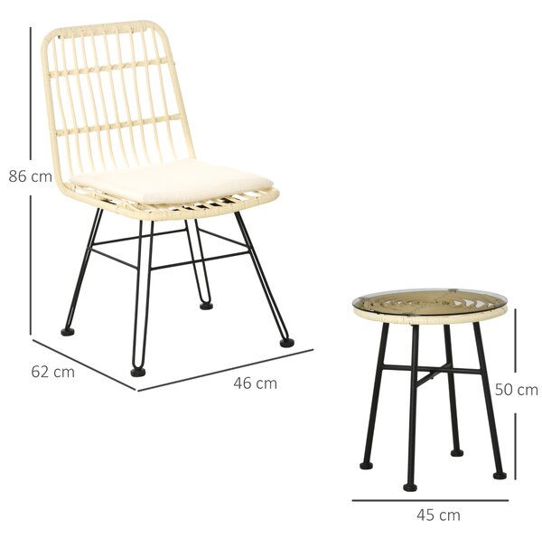 Outsunny Set Tavolino e Sedie da Giardino 3 Pezzi in Rattan PE e Acciaio, Arredo Chic per Esterni e Bistrò - Crema|Aosom
