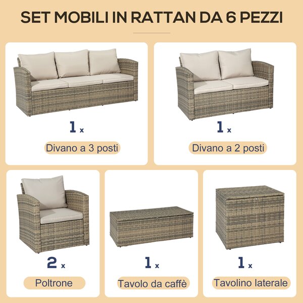 Outsunny Set da Giardino 6 Pezzi in Rattan con Divani, Poltrone e Tavoli Contenitore, Beige