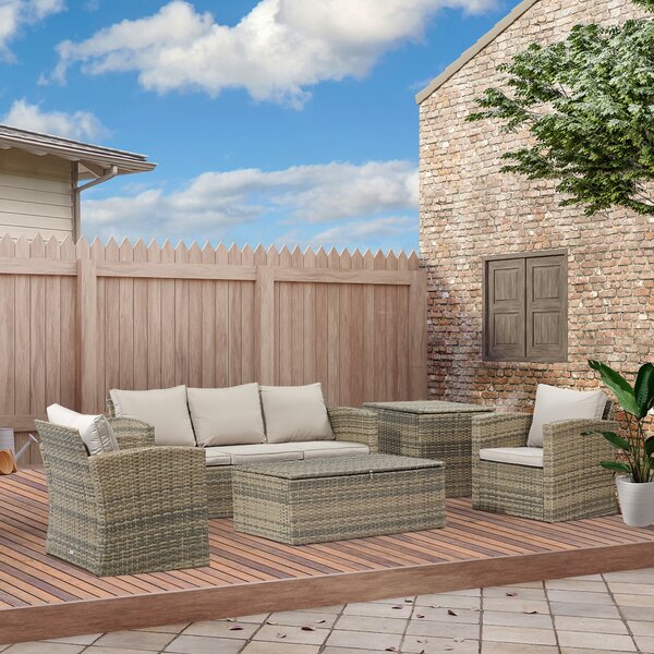 Outsunny Set da Giardino 6 Pezzi in Rattan con Divani, Poltrone e Tavoli Contenitore, Beige