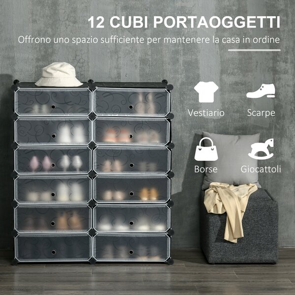 HOMCOM Mobile Scarpiera Modulare Salvaspazio, 12 Cubi 45x35x16cm in Plastica PP e Acciaio, 94x37x108cm, Nero e Bianco|Aosom