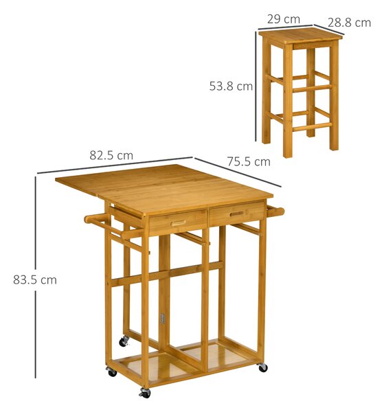 HOMCOM Carrello da Cucina con Tavolino Pieghevole e 2 Sgabelli, Ruote e Cassetti in Legno di Bambù | Aosom Italy