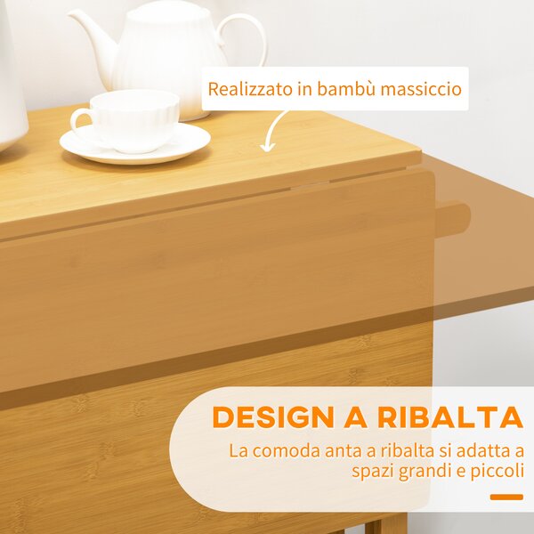 HOMCOM Carrello da Cucina con Tavolino Pieghevole e 2 Sgabelli, Ruote e Cassetti in Legno di Bambù | Aosom Italy