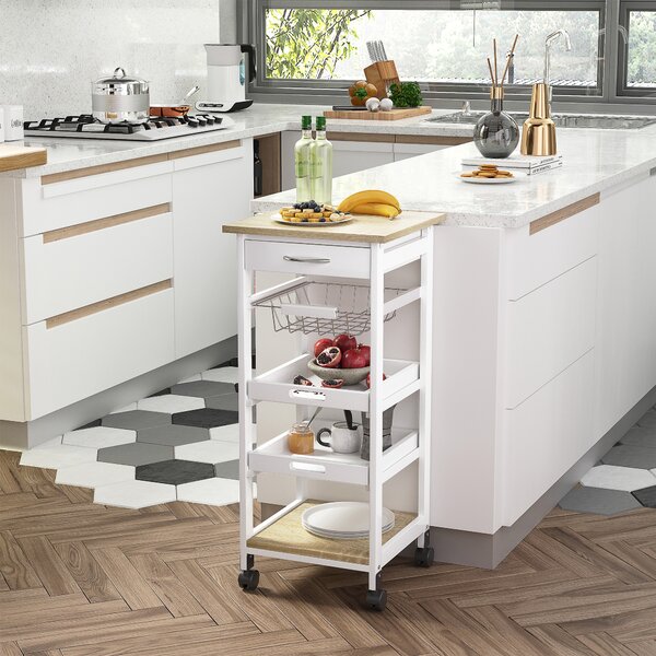 HOMCOM Carrello da Cucina salvaspazio in legno MDF bianco: 1 cassetto, 1 cestello, 2 vassoi, ripiano e 4 ruote, 37 x 37 x 82cm|Aosom