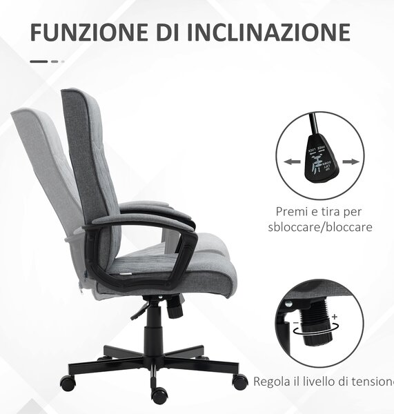 Vinsetto Sedia Ufficio Ergonomica Girevole con Funzione Dondolo e Altezza Regolabile, leva a gas e in tessuto, 65x72x102-112.5cm, Grigio| Aosom Italy