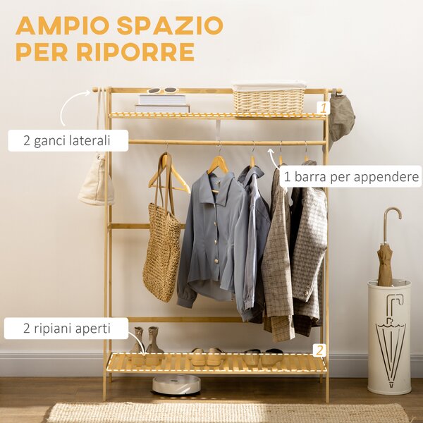 HOMCOM Appendiabiti in Bambù, Design Rialzato a 2 Livelli con Barra e 2 Ganci, 114x40x139 cm|Aosom