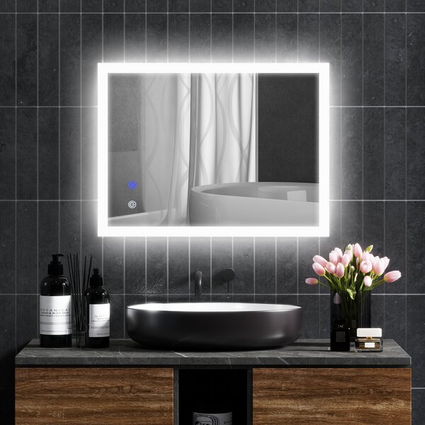 Kleankin Specchio Bagno da Parete Moderno con LED Rettangolare, Sensori Touch, Anti-Appannamento, 3 Colori di Luce, 80x60x3cm | Aosom Italy