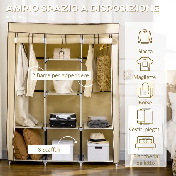 HOMCOM Armadio in Tessuto con 8 Ripiani e 2 Barre, Guardaroba Portatile con Porta Avvolgibile, 125x43x162.5cm, Beige|Aosom
