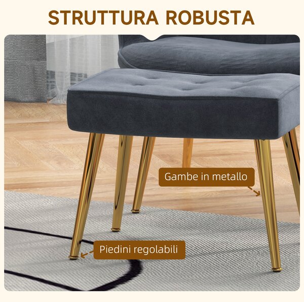 HOMCOM Poltrona moderna con pouf in velluto e gambe dorate, Grigio | Aosom Italy