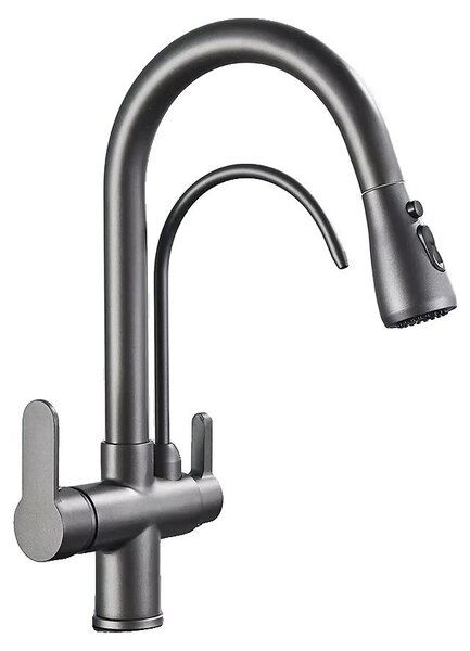Rubinetto, soffione estraibile, miscelatore a due manopole, colore grigio