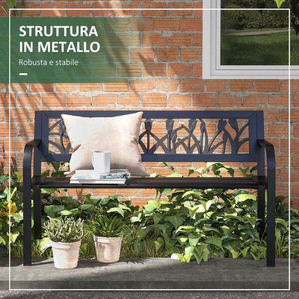 Outsunny Panchina da Giardino a 2 Posti in Acciaio con Schienale Decorato e Braccioli, 125x50x75cm, Nero|Aosom
