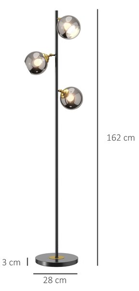 HOMCOM Lampada da Terra in Metallo ad Albero con 3 Paralumi in Vetro, Ø36x162 cm, Nero e Grigio|Aosom