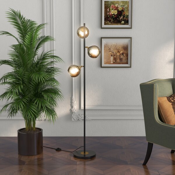 HOMCOM Lampada da Terra in Metallo ad Albero con 3 Paralumi in Vetro, Ø36x162 cm, Nero e Grigio|Aosom