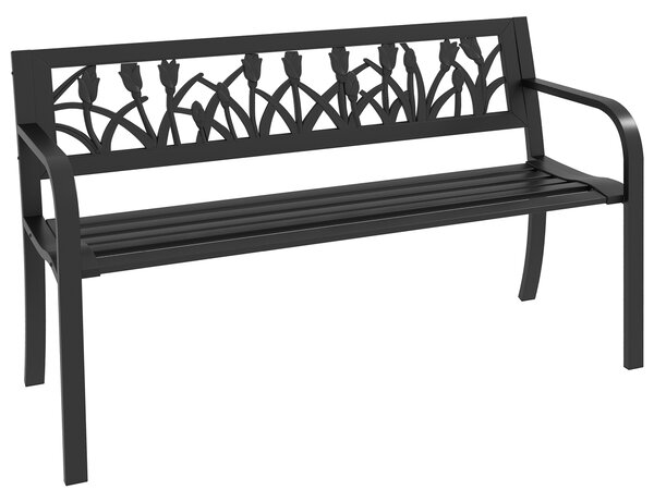 Outsunny Panchina da Giardino a 2 Posti in Acciaio con Schienale Decorato e Braccioli, 125x50x75cm, Nero|Aosom
