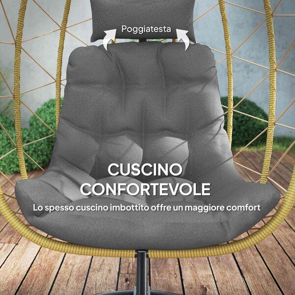 Outsunny Poltrona Sospesa e Pieghevole con Cuscini, in Acciaio e Rattan PE, 102x102x195 cm, Nera Grigia e Beige|Aosom