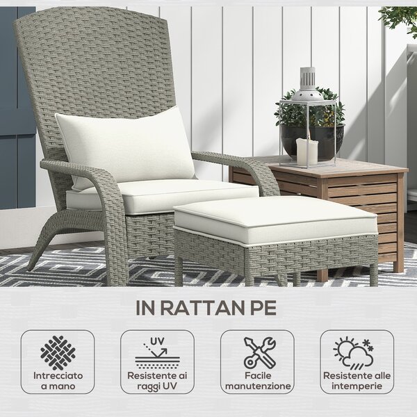 Outsunny Sedia da Giardino con Poggiapiedi e Cuscini Imbottiti, in Rattan e Acciaio, 64x82x89 cm, Grigio e Crema|Aosom