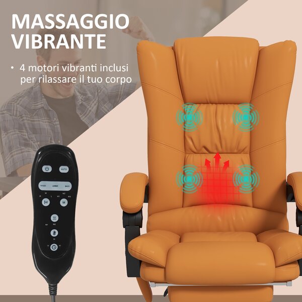 Vinsetto Poltrona da Ufficio Massaggiante e Riscaldata, Reclinabile con Poggiapiedi, Finta Pelle Marrone Chiaro|Aosom