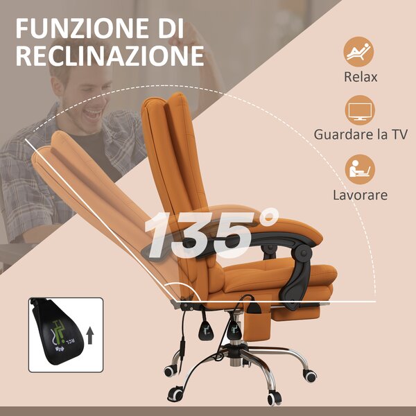 Vinsetto Poltrona da Ufficio Massaggiante e Riscaldata, Reclinabile con Poggiapiedi, Finta Pelle Marrone Chiaro|Aosom